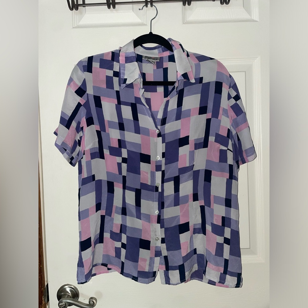 Vintage Geometric Print Short-Sleeve Button-Up Shirt - Purple/Pink